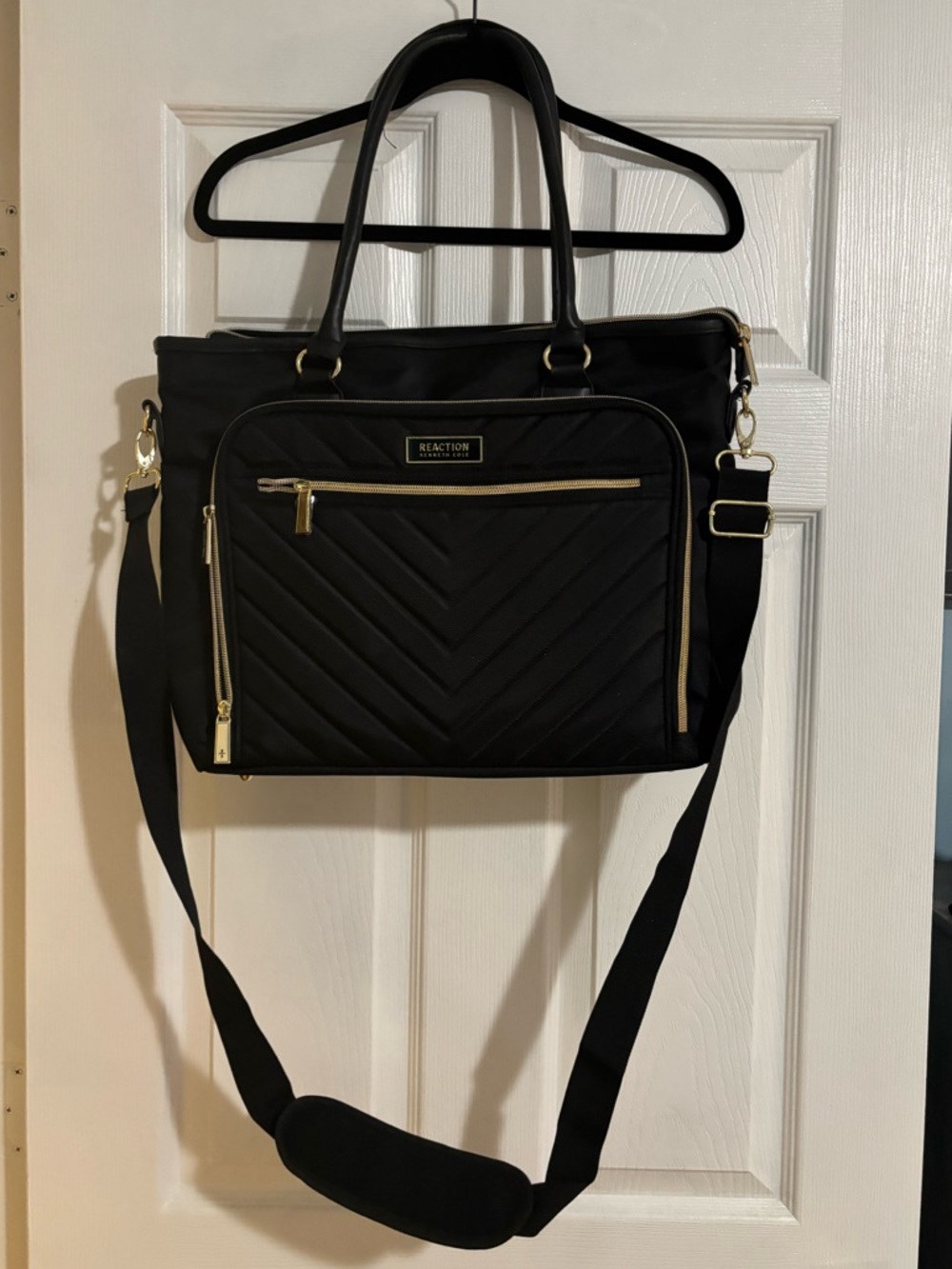 Kenneth Cole Reaction Chelsea Chevron Black Quilted Tote with Gold Accents